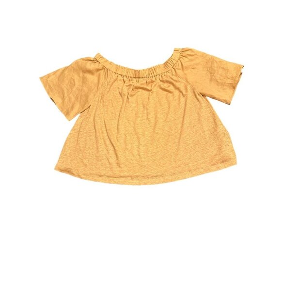 Chicos Gold Linen Short Sleeve Blouse Bell Sleeve Elastic Neckline Size 2 (M) - Picture 1 of 6
